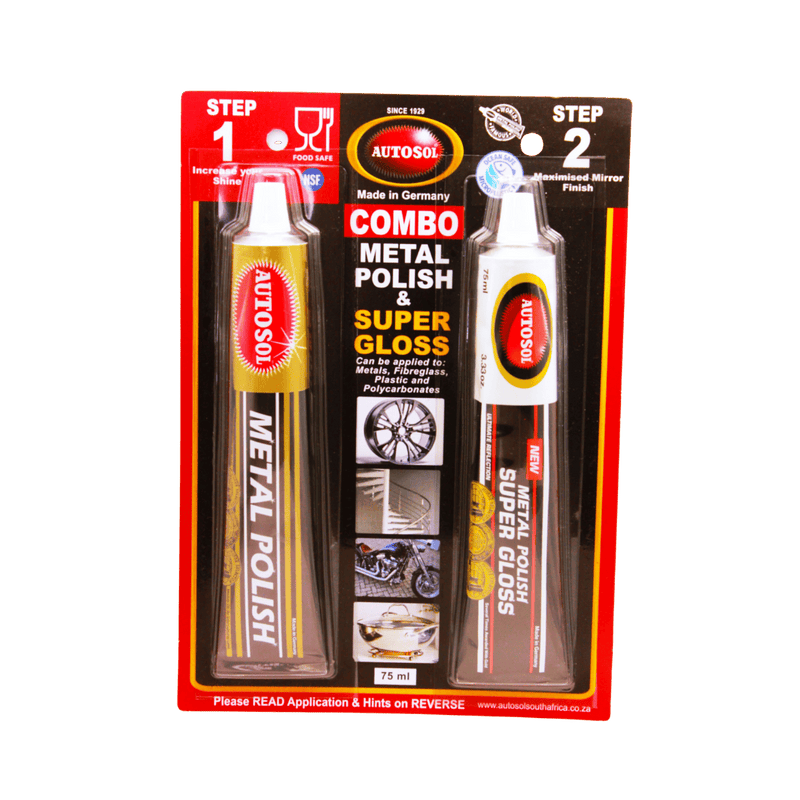 AUTOSOL® Metal Polish and Super Gloss Combo Pack for vehicle and metal care.